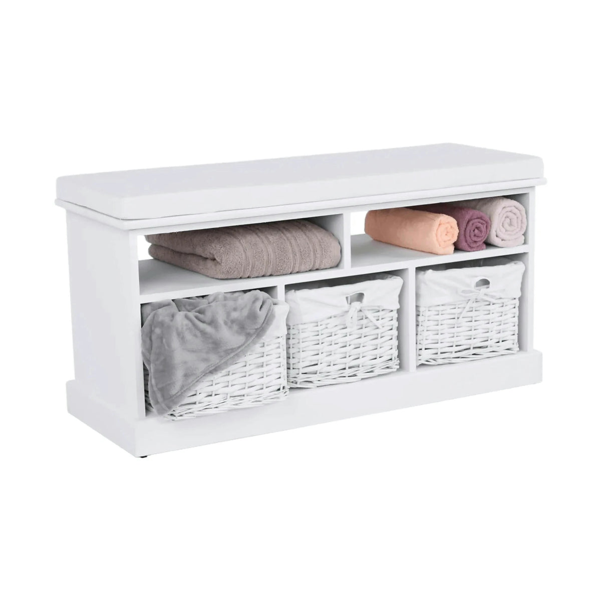 Bancheta RAFAELLO, alb, lemn, cu 3 coşuri, 95x35x49 cm