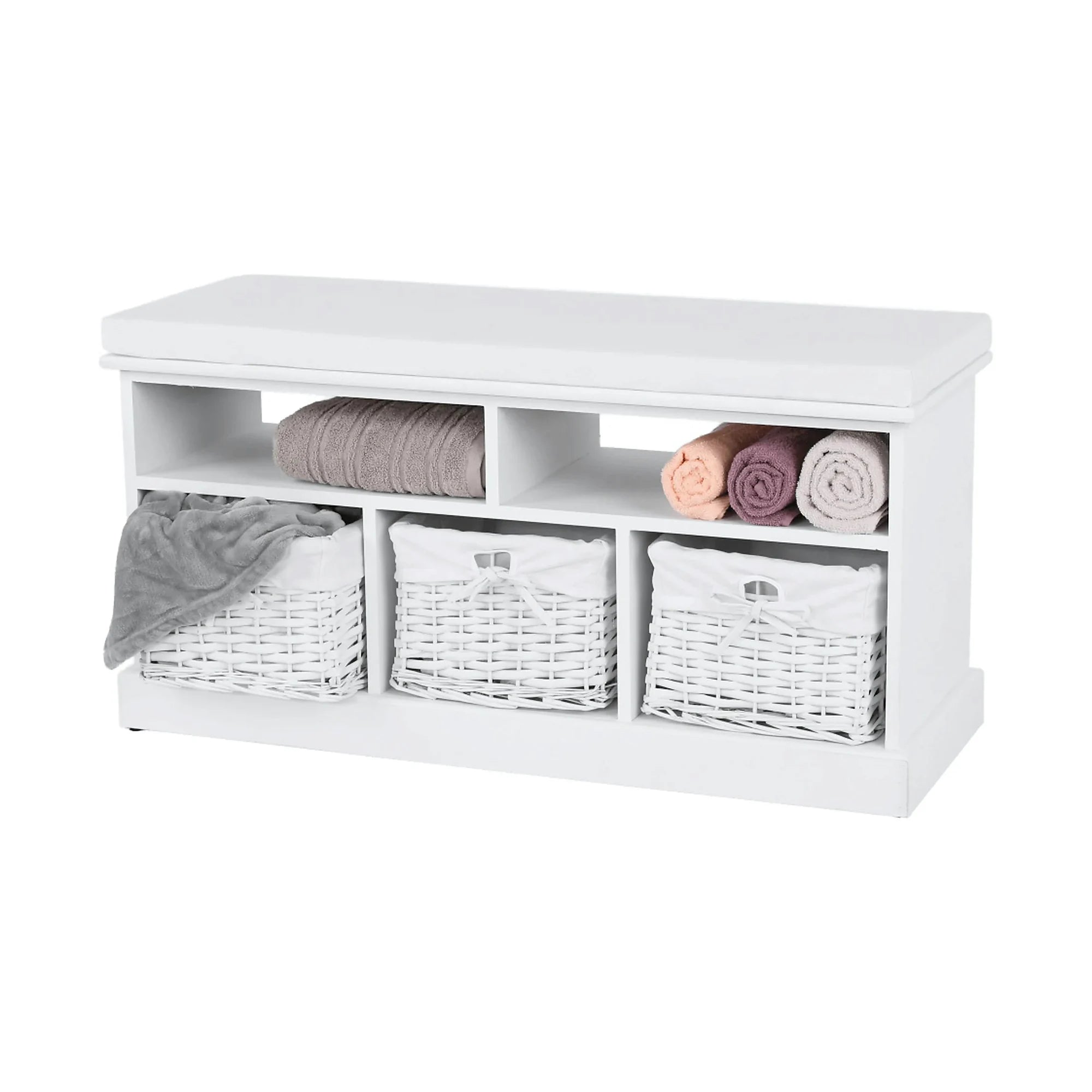Bancheta RAFAELLO, alb, lemn, cu 3 coşuri, 95x35x49 cm