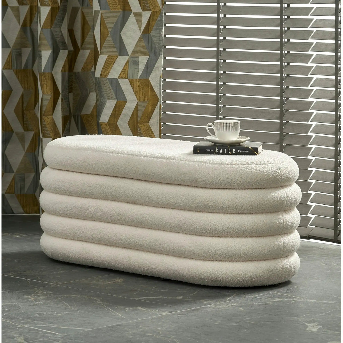 Bancheta tapitata hol BLISS, stofa buclata crem, 105x42x42 cm