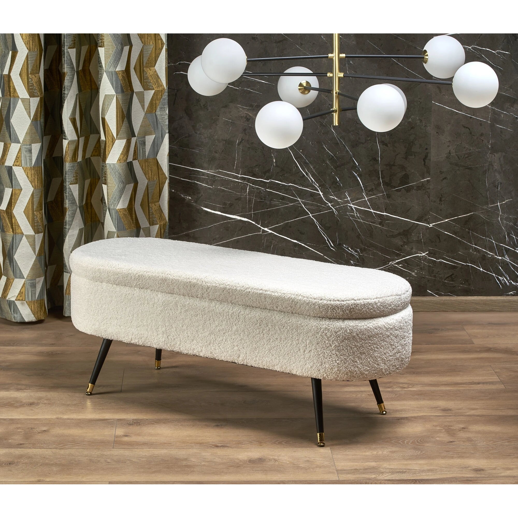 Bancheta pentru hol AVEIRO, stofa buclata crem, 120x46x40 cm