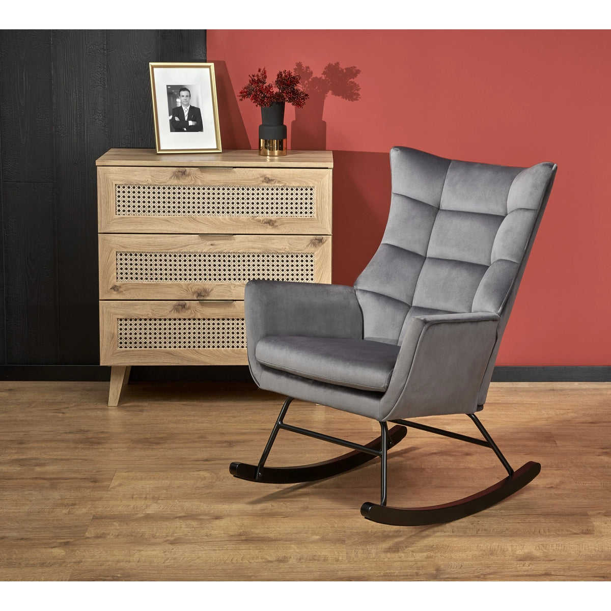 Scaun balansoar tapitat BAZALTO, gri/negru, stofa catifelata/lemn, 70x90x92 cm
