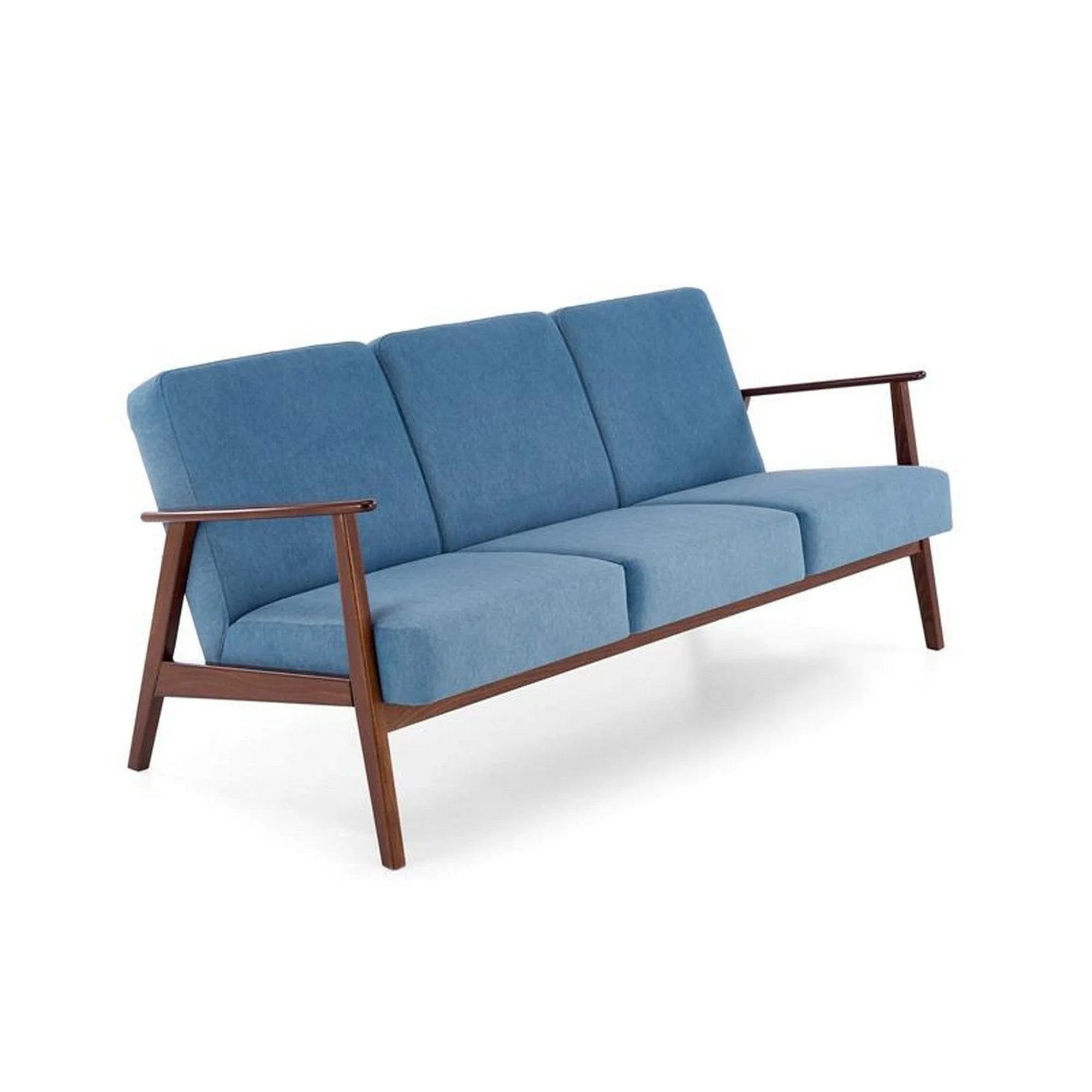 Canapea MILANO 3S, albastru/nuc, stofa clasica/lemn, 175x77x77 cm