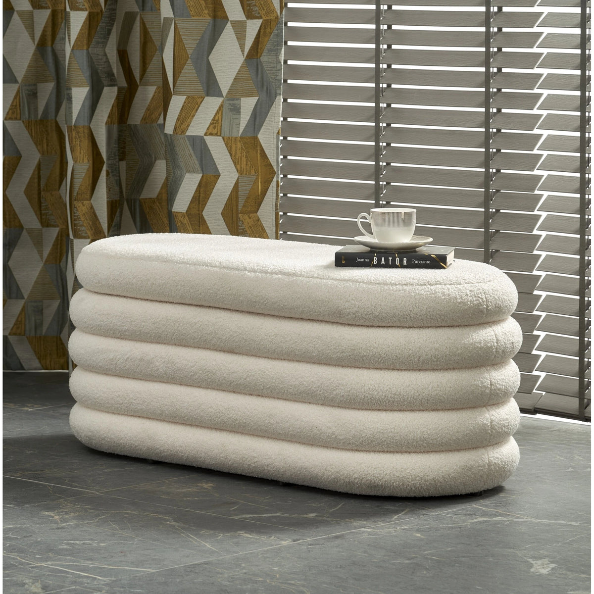 Bancheta tapitata hol BLISS, stofa buclata crem, 105x42x42 cm