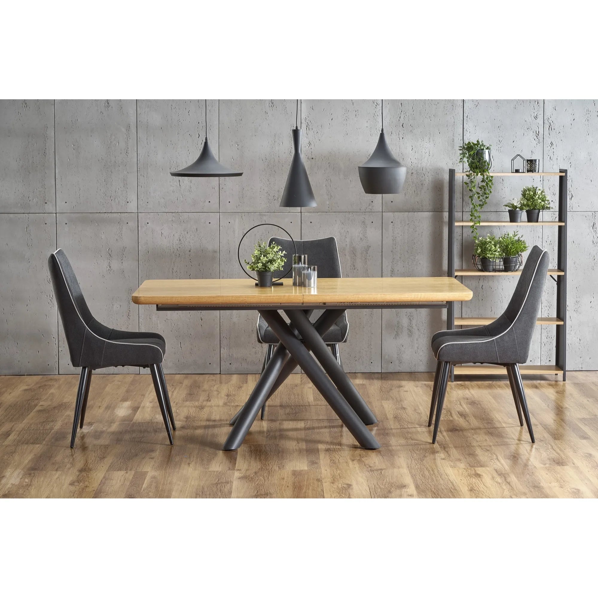 Masa mare living DERRICK, stejar natural/negru, 160/200x90x75 cm