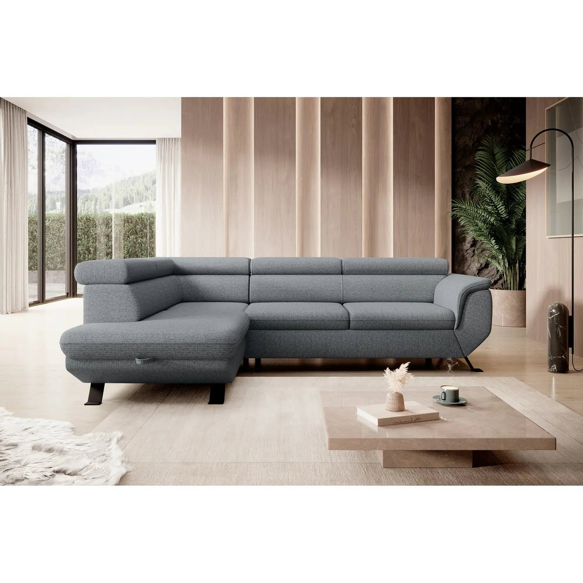 Coltar extensibil RAVEN L, personalizabil materiale Gama Premium, cu lada depozitare, 257x198x92 cm