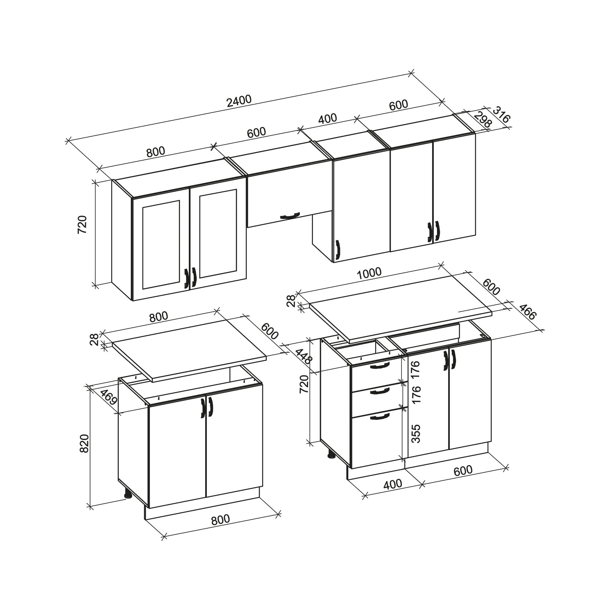 Mobilier bucatarie gri ELIZABETH, 240 cm