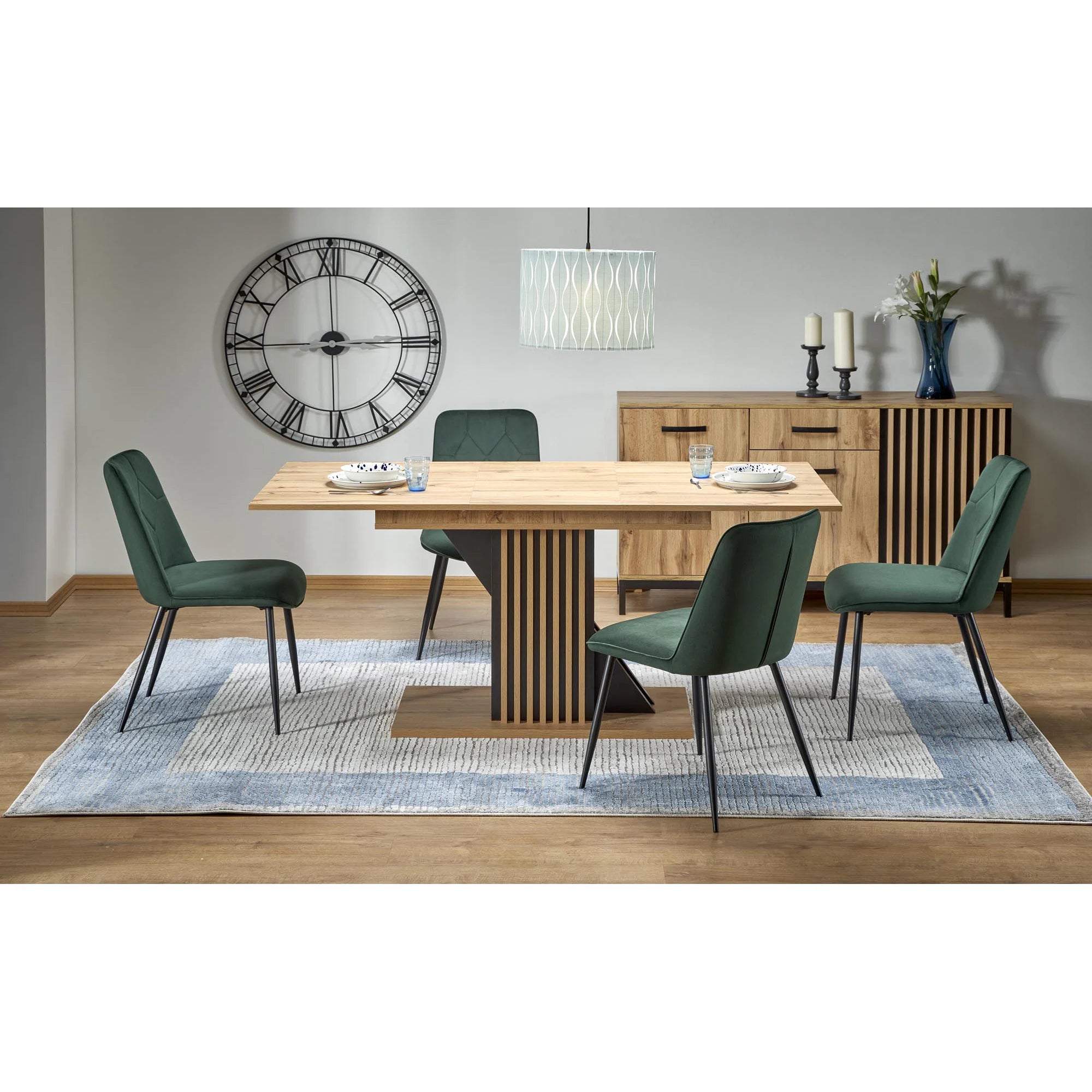 Masa living moderna FABIANO, stejar/negru, PAL laminat, 130/175x85x76 cm