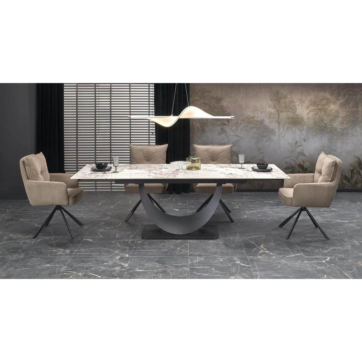 Masa living lux FERNANDO, alb/negru, ceramica/metal, 160/240x92x75 cm