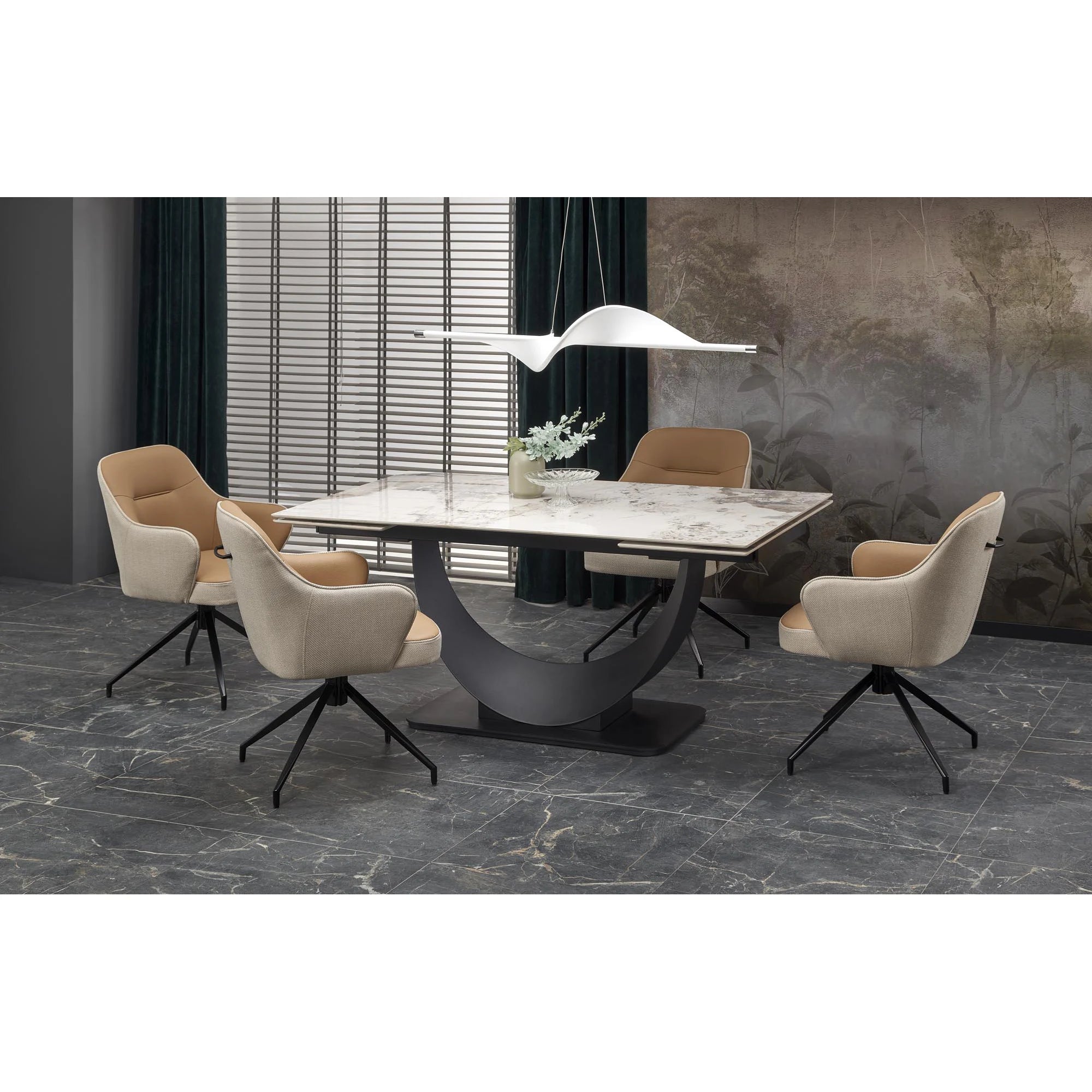 Masa living lux FERNANDO, alb/negru, ceramica/metal, 160/240x92x75 cm