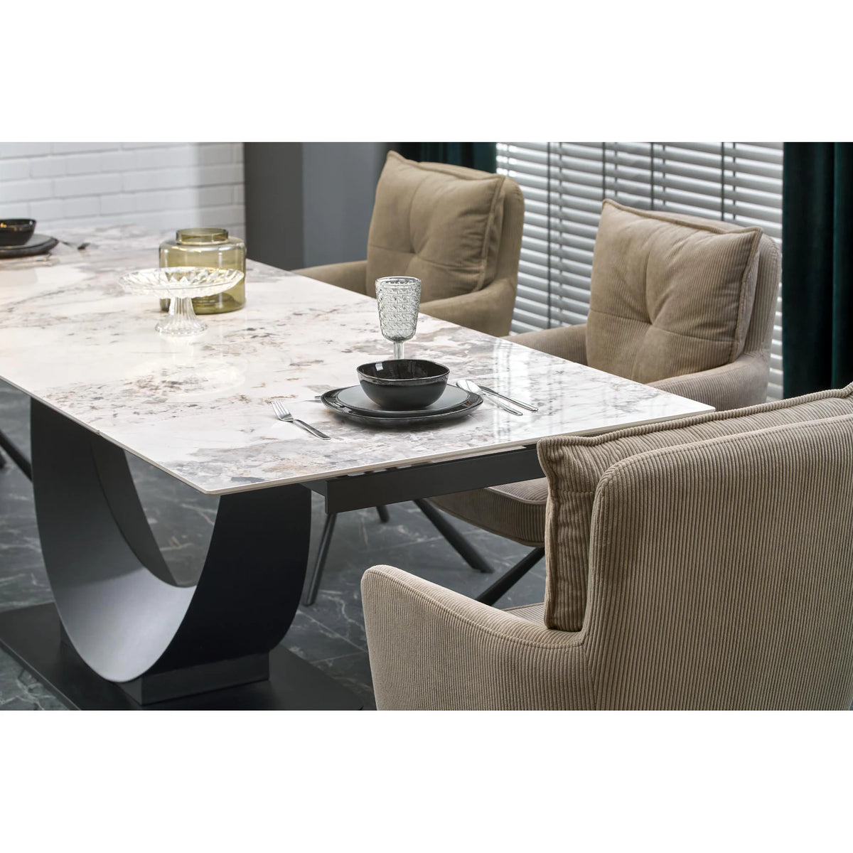 Masa living lux FERNANDO, alb/negru, ceramica/metal, 160/240x92x75 cm