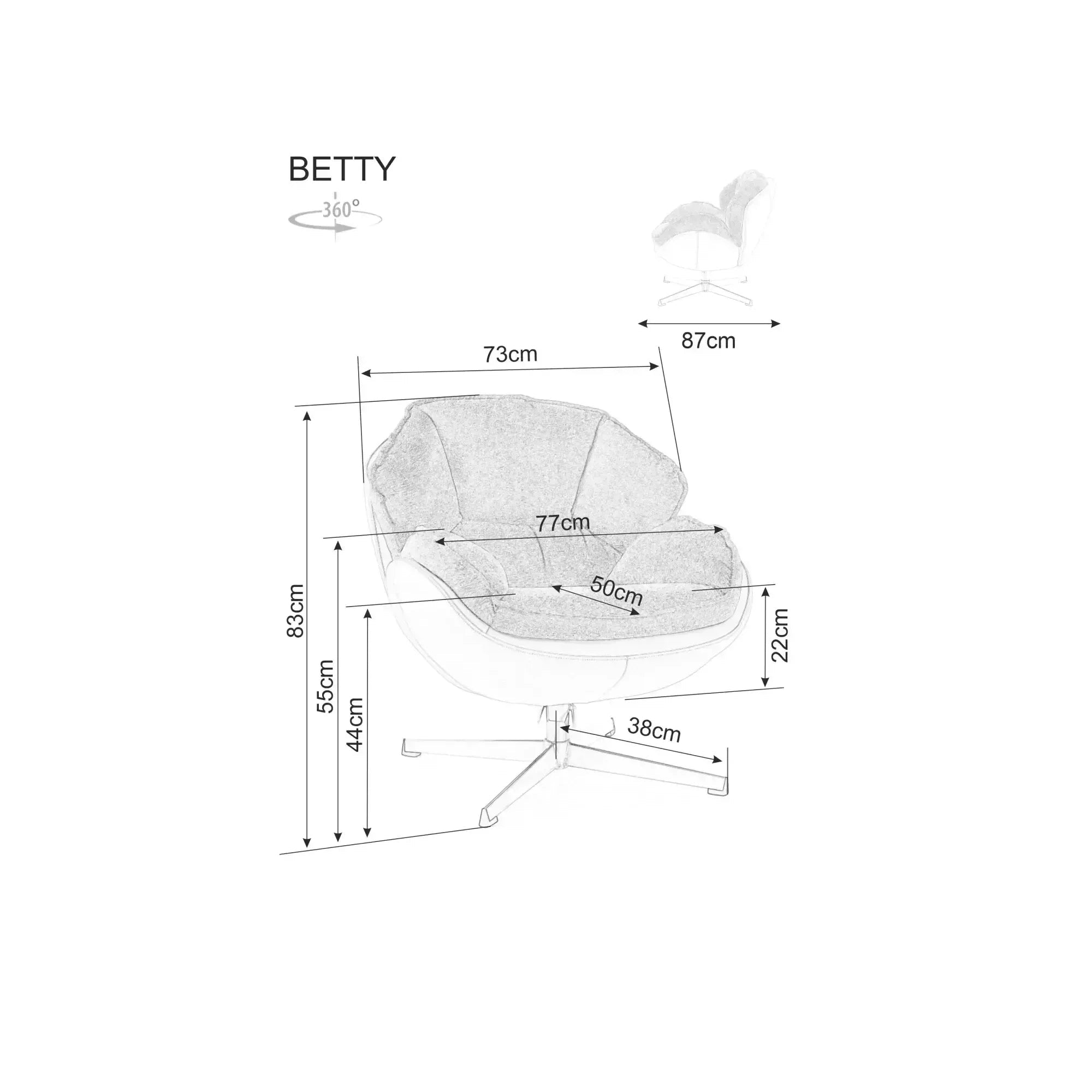Fotoliu pufos rotativ BETTY, bej/negru, stofa clasica/metal, 73x87x83 cm
