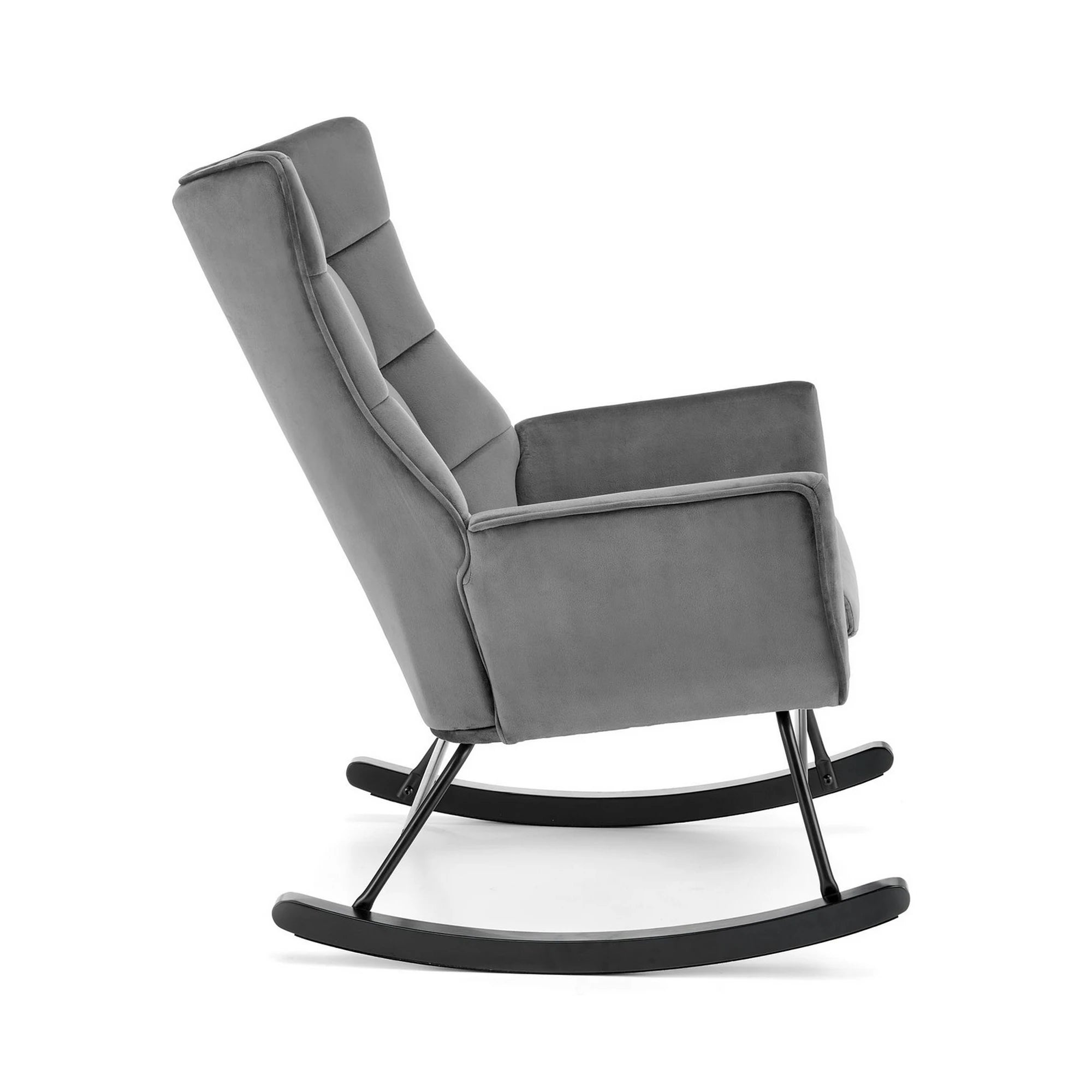 Scaun balansoar tapitat BAZALTO, gri/negru, stofa catifelata/lemn, 70x90x92 cm