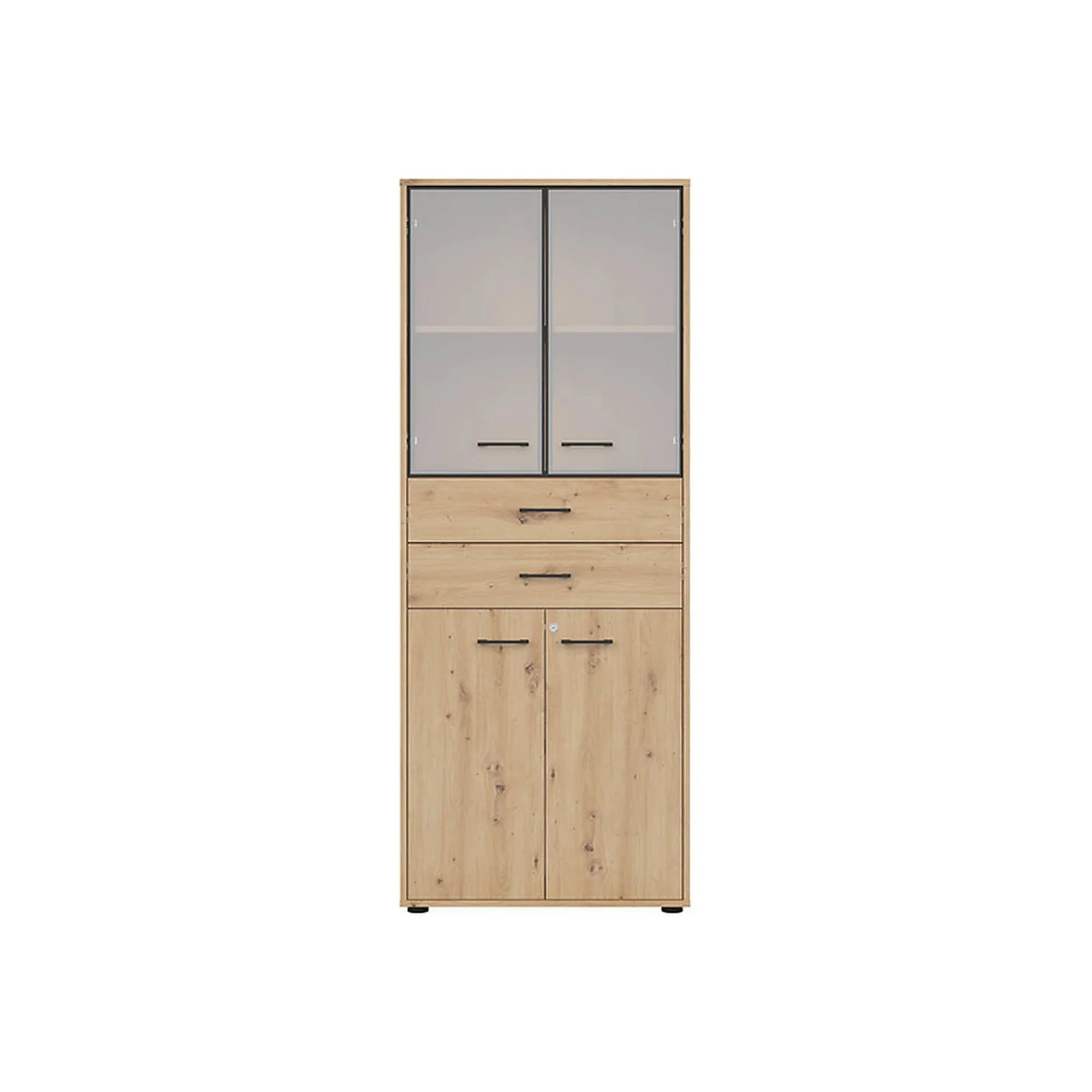 Vitrina SPACE OFFICE, stejar artisan/negru fumuriu, PAL laminat/sticla, cu 4 usi si 2 sertare, 80x38x203 cm