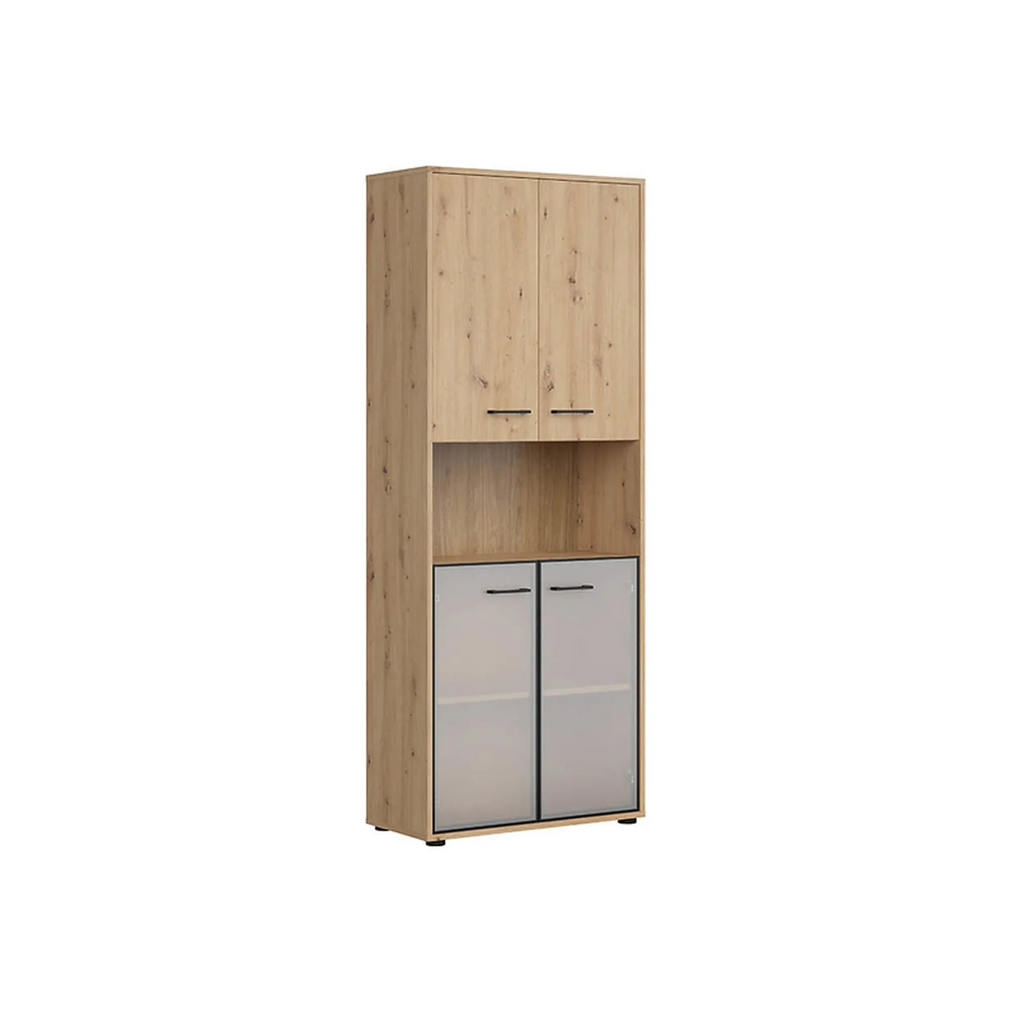 Vitrina SPACE OFFICE, stejar artisan/negru fumuriu, PAL laminat/sticla, cu 4 usi, 80x38x203 cm