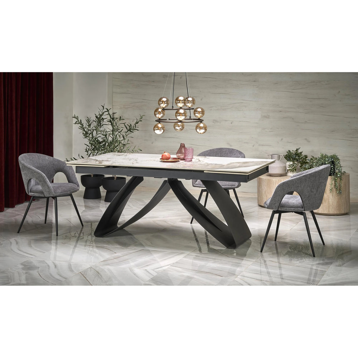 Masa living 10 persoane HILARIO, bej/negru, piatra sinterizata/metal, 180/260x90x75 cm
