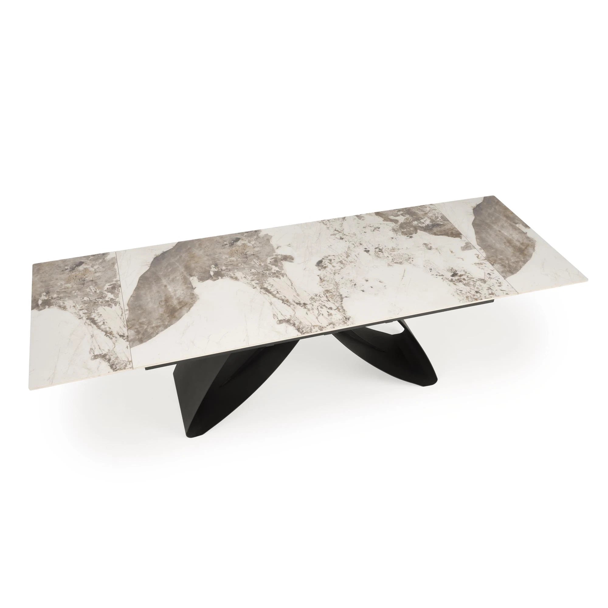 Masa living 10 persoane HILARIO, bej/negru, piatra sinterizata/metal, 180/260x90x75 cm