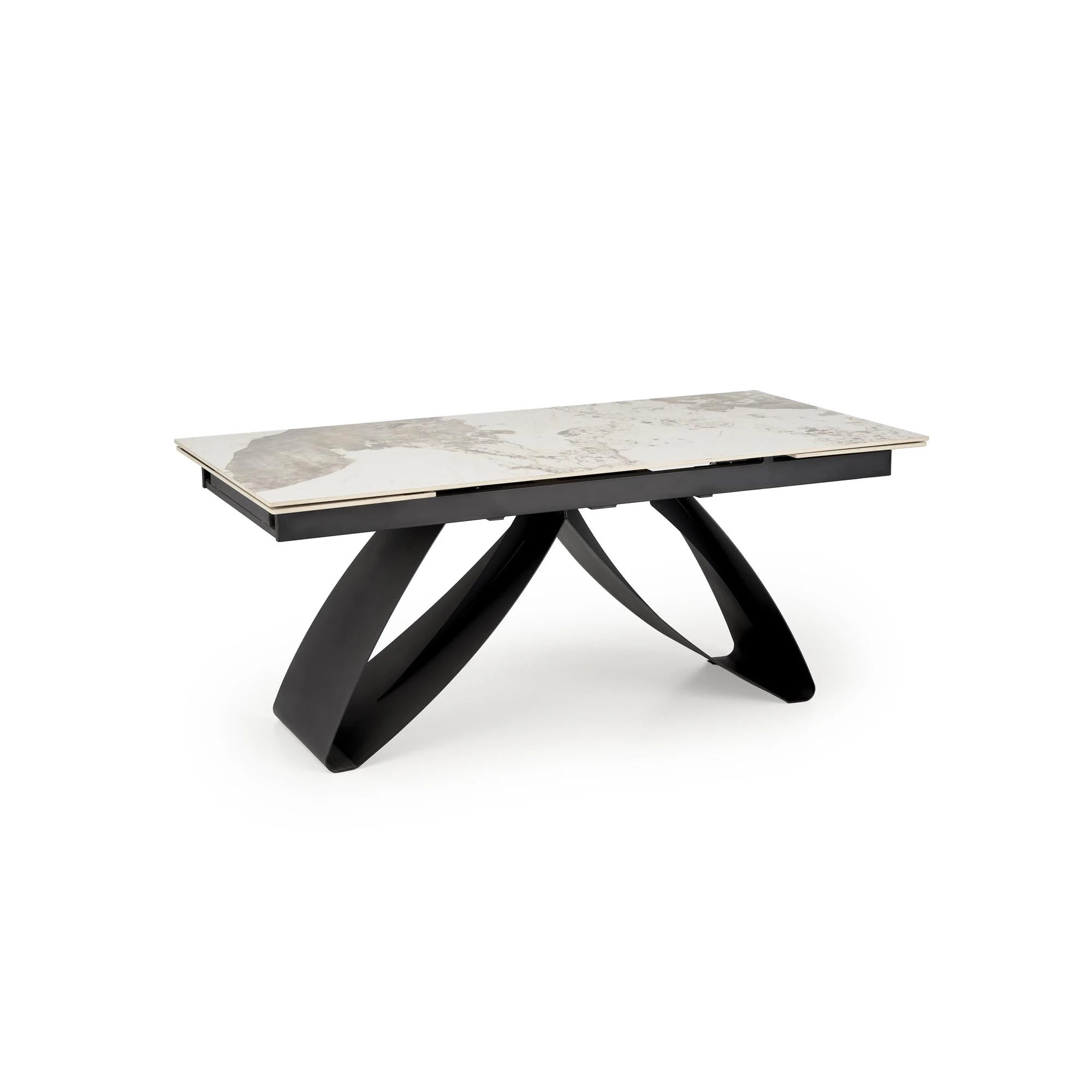 Masa living 10 persoane HILARIO, bej/negru, piatra sinterizata/metal, 180/260x90x75 cm