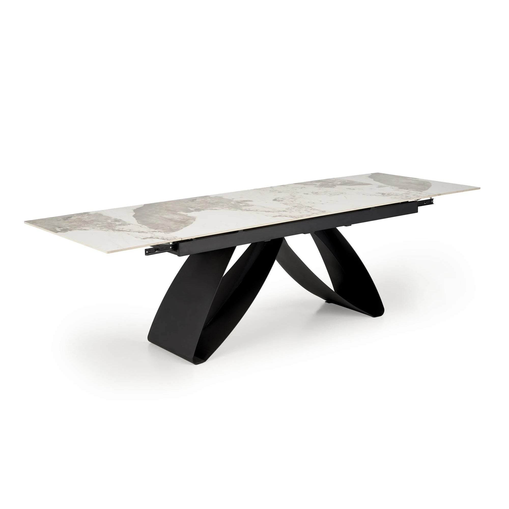 Masa living 10 persoane HILARIO, bej/negru, piatra sinterizata/metal, 180/260x90x75 cm