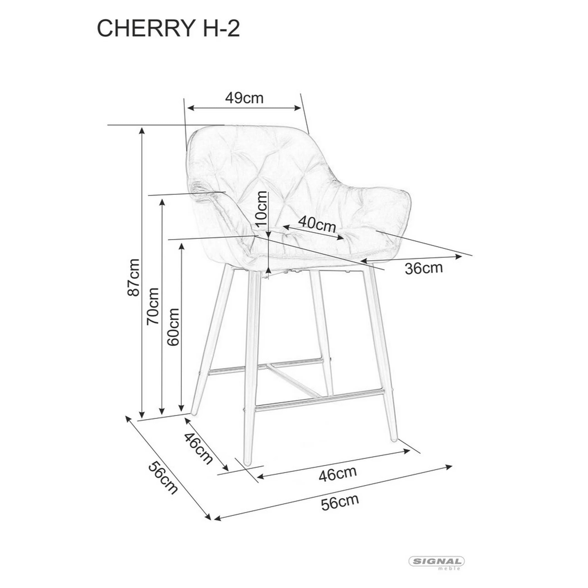 Scaun bar living CHERRY H-2, gri/negru mat, stofa catifelata/metal, 56x40x87 cm