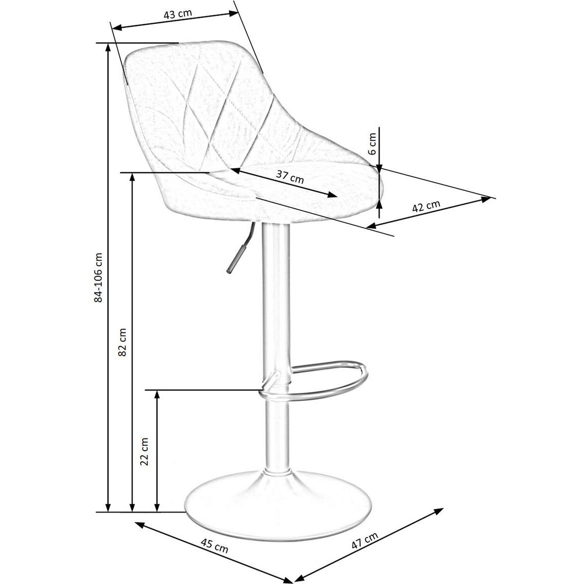 Scaun de bar rotativ H101, negru, stofa catifelata/otel, 47x45x84/106 cm