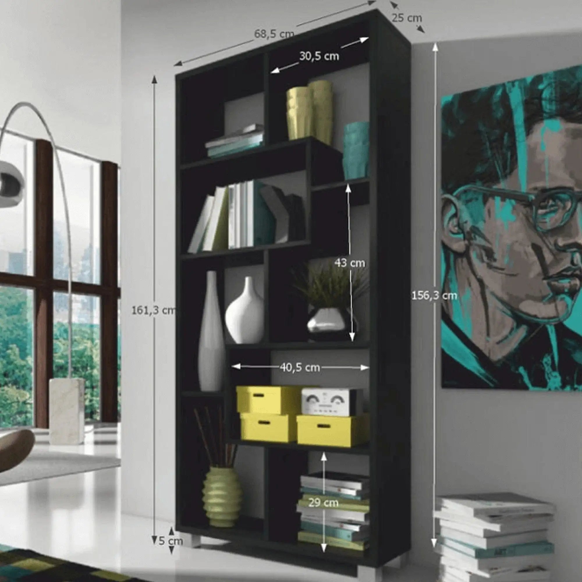 Biblioteca ADEN, negru, PAL melaminat, 69x25x161 cm