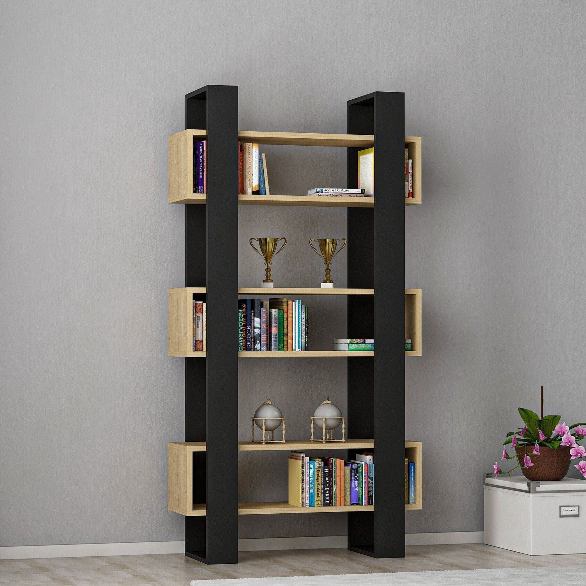 Biblioteca CARMEN, negru/stejar miere, PAL melaminat, 80x26x160 cm