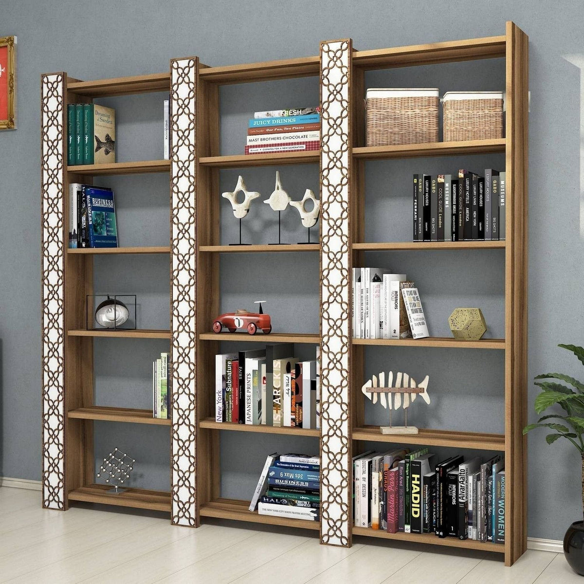 Biblioteca CITY 3, alb/alun, PAL melaminat, 185x24x170 cm