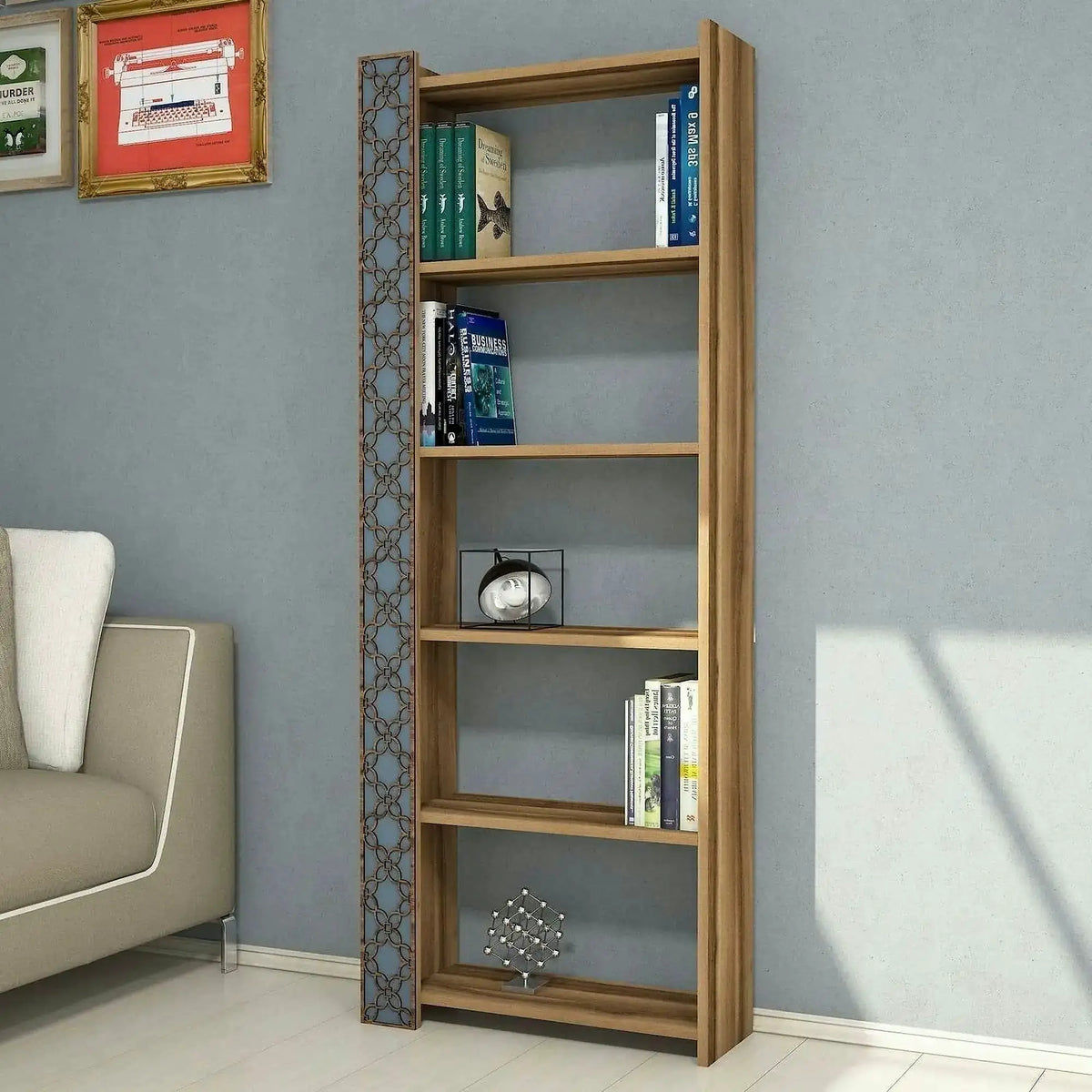Biblioteca CITY, alun/albastru, PAL melaminat, 65x24x170 cm