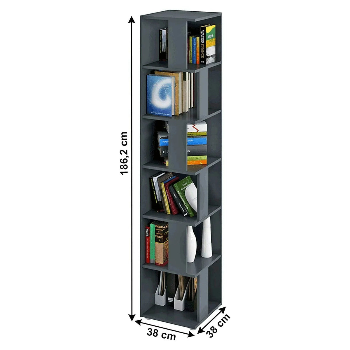 Biblioteca de colt KORIND, gri grafit, DTD laminat,  38x38x186 cm