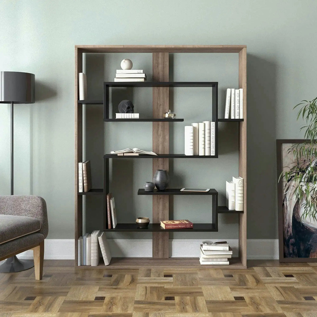 Biblioteca ESTEBAN, nuc/negru, PAL melaminat, 120x22x156 cm
