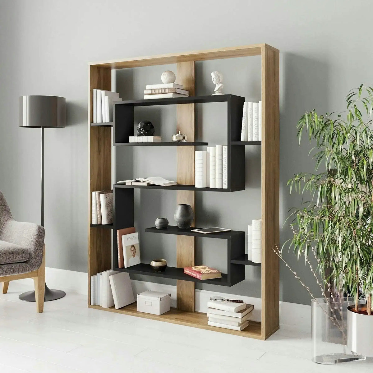 Biblioteca ESTEBAN, stejar/negru, PAL melaminat, 120x22x156 cm