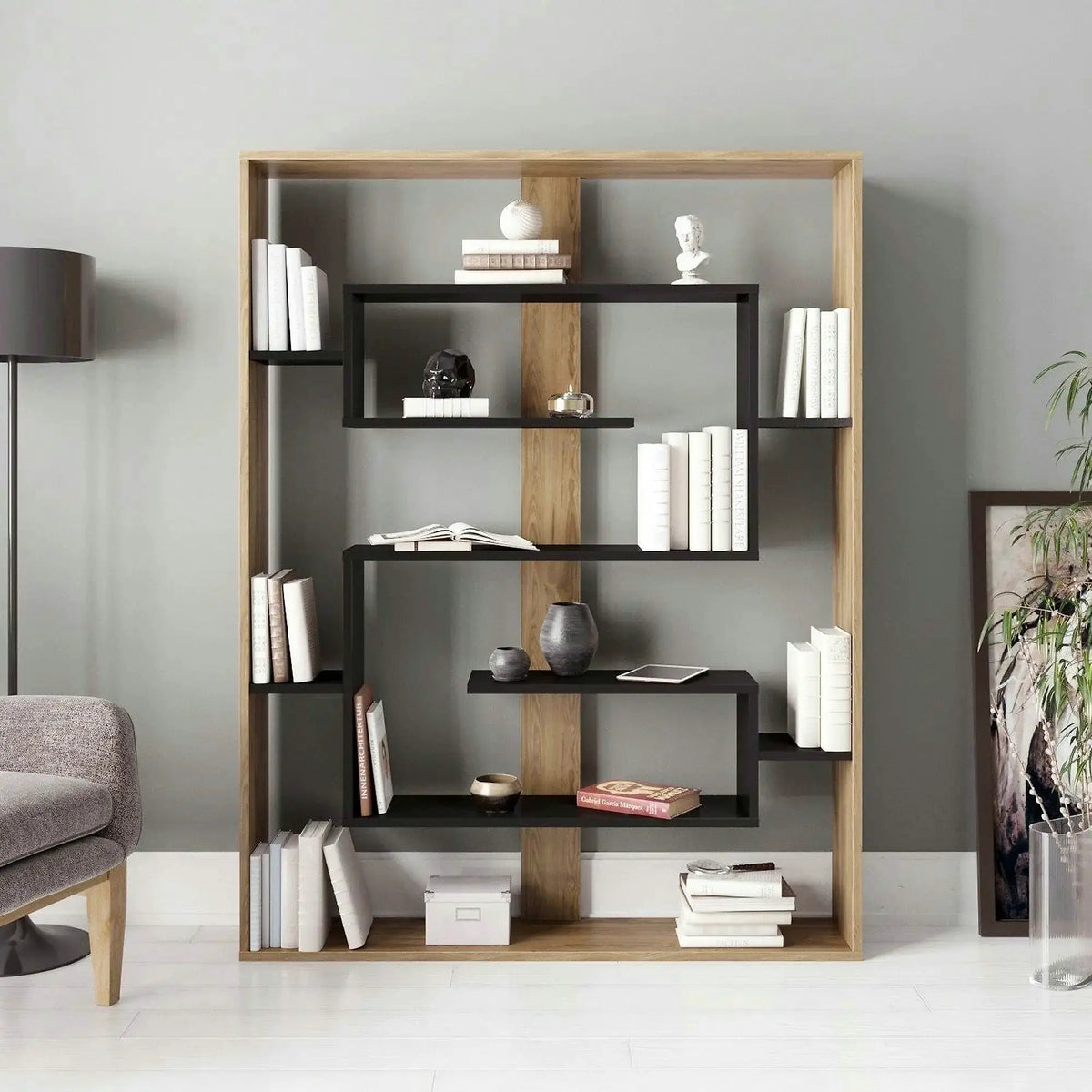 Biblioteca ESTEBAN, stejar/negru, PAL melaminat, 120x22x156 cm