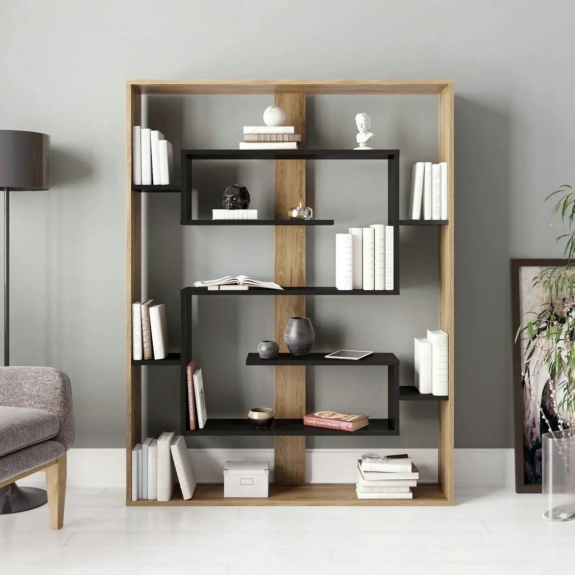Biblioteca ESTEBAN, stejar/negru, PAL melaminat, 120x22x156 cm