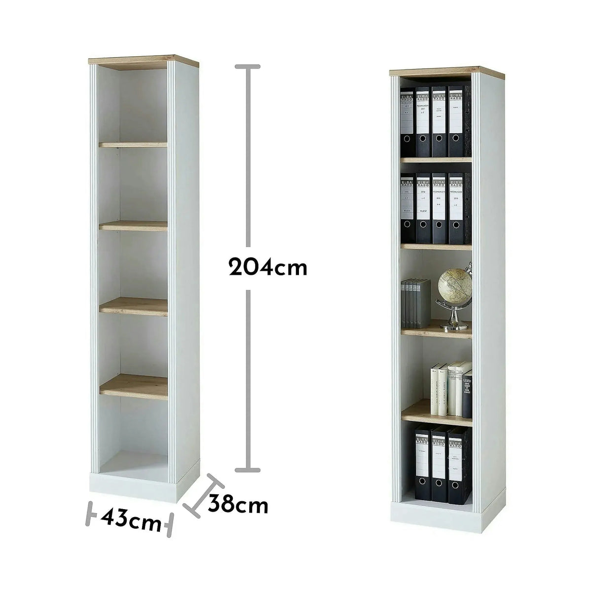 Biblioteca JASMIN, alb/stejar artisan, PAL, 43x38x204 cm
