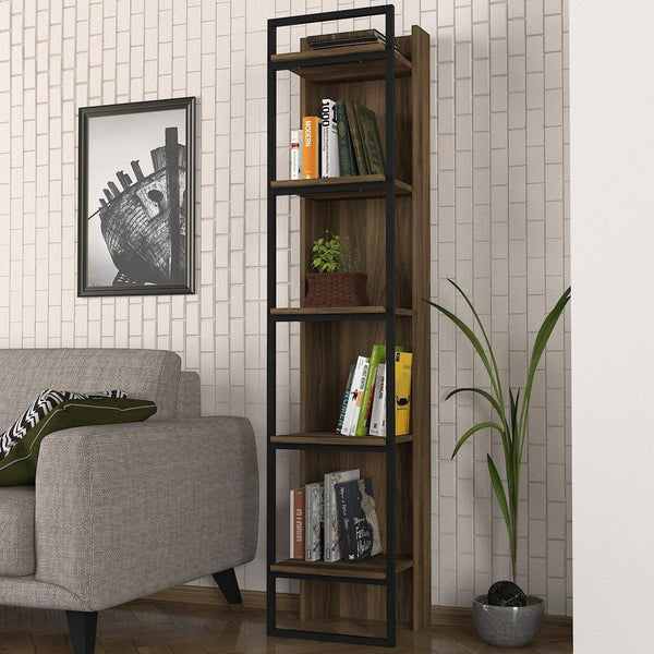 Biblioteca KELVIN, nuc/negru, PAL melaminat/metal, 39x36x180 cm