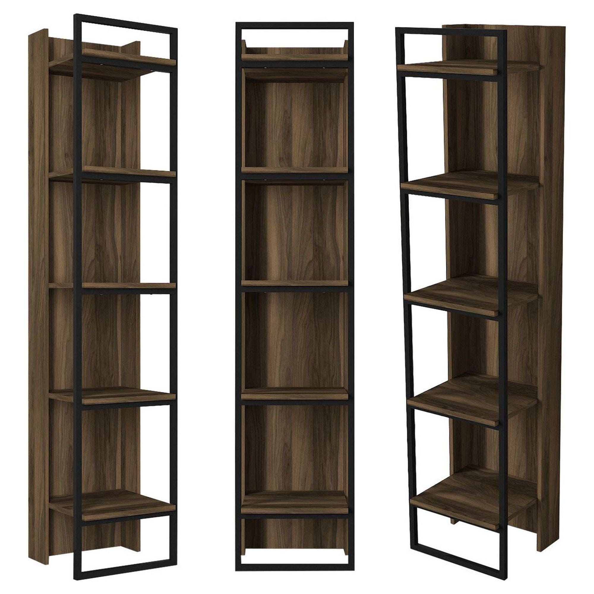 Biblioteca KELVIN, nuc/negru, PAL melaminat/metal, 39x36x180 cm