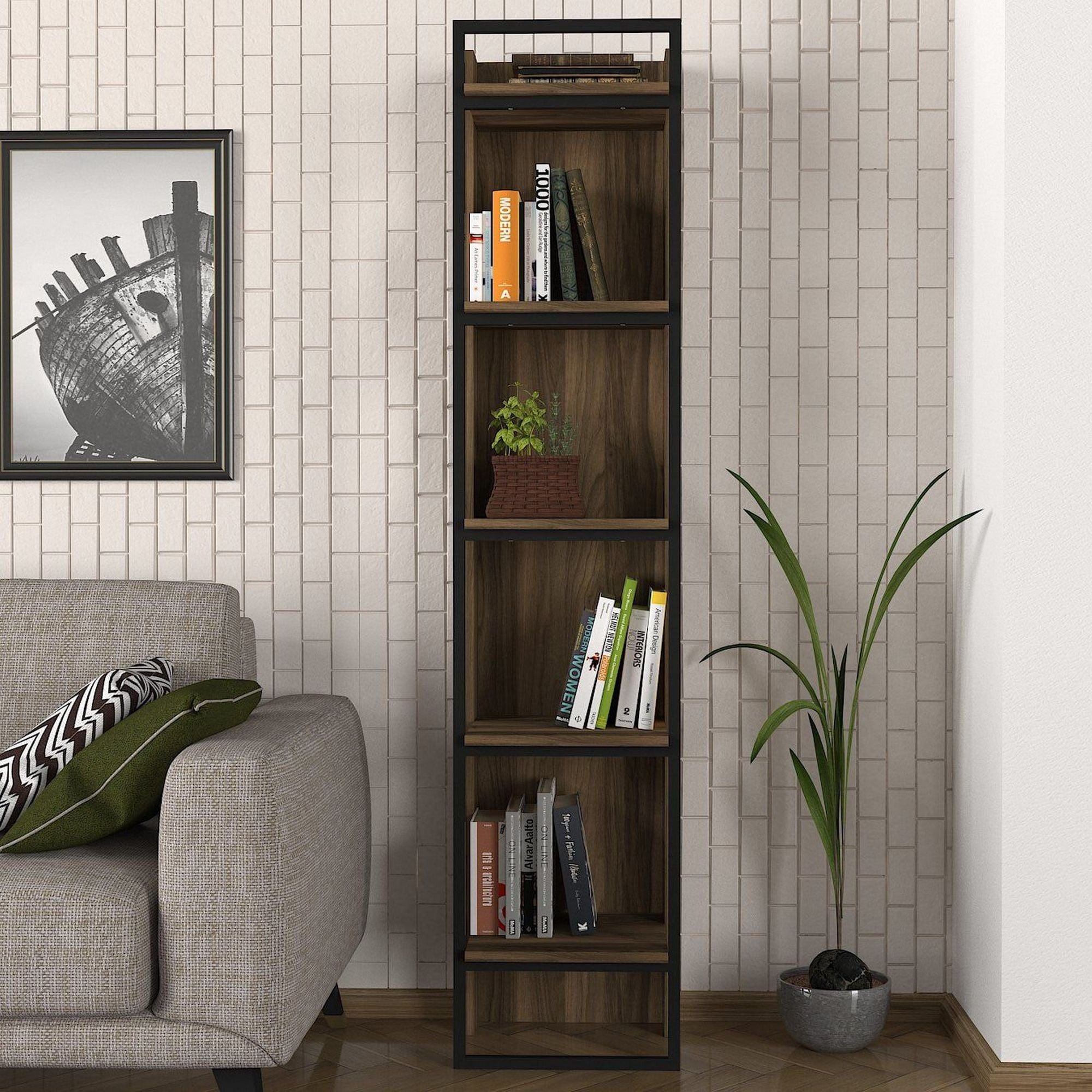 Biblioteca KELVIN, nuc/negru, PAL melaminat/metal, 39x36x180 cm