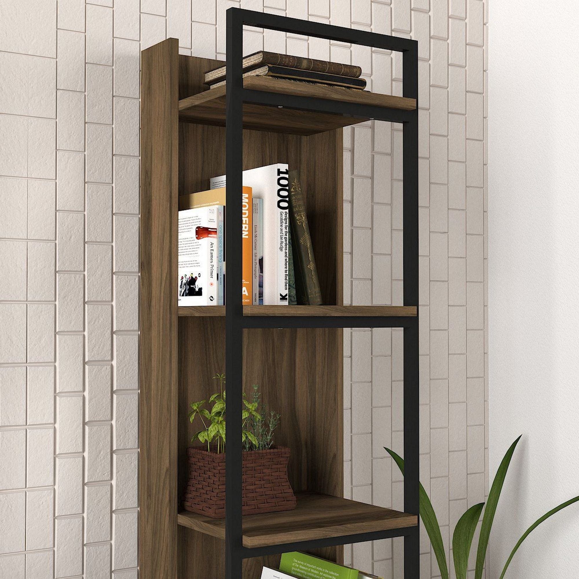Biblioteca KELVIN, nuc/negru, PAL melaminat/metal, 39x36x180 cm
