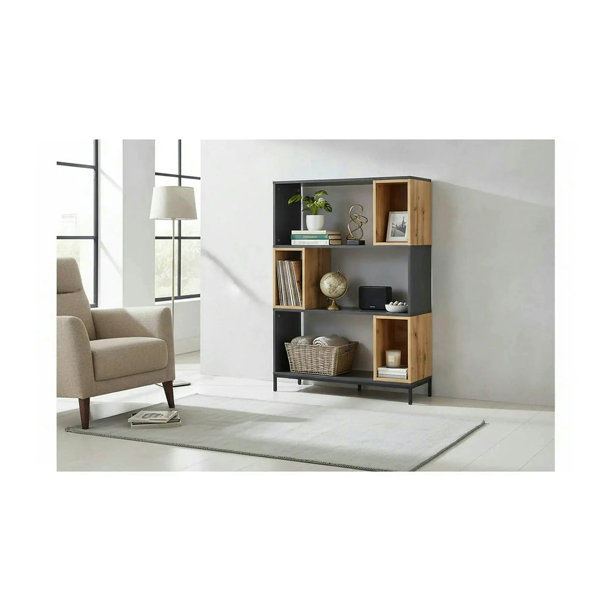 Biblioteca KIKO, stejar/gri antracit, 80x30x121 cm