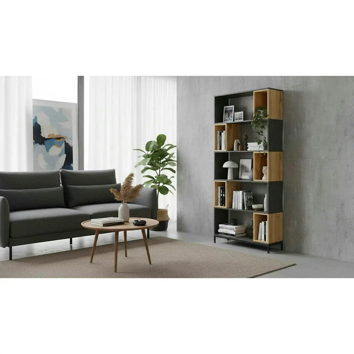 Biblioteca KIKO, stejar/gri antracit, 80x30x194 cm