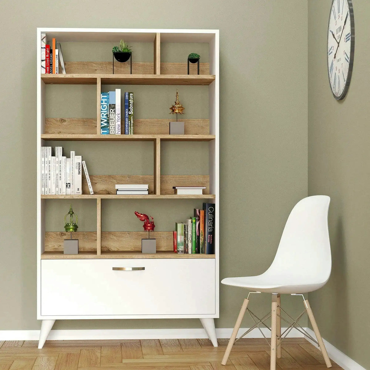 Biblioteca KTB0201, alb/stejar, PAL melaminat, 90x36x160 cm