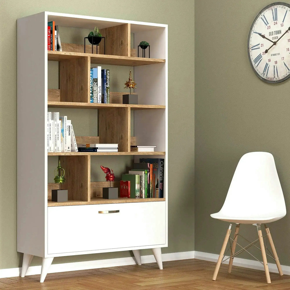 Biblioteca KTB0201, alb/stejar, PAL melaminat, 90x36x160 cm