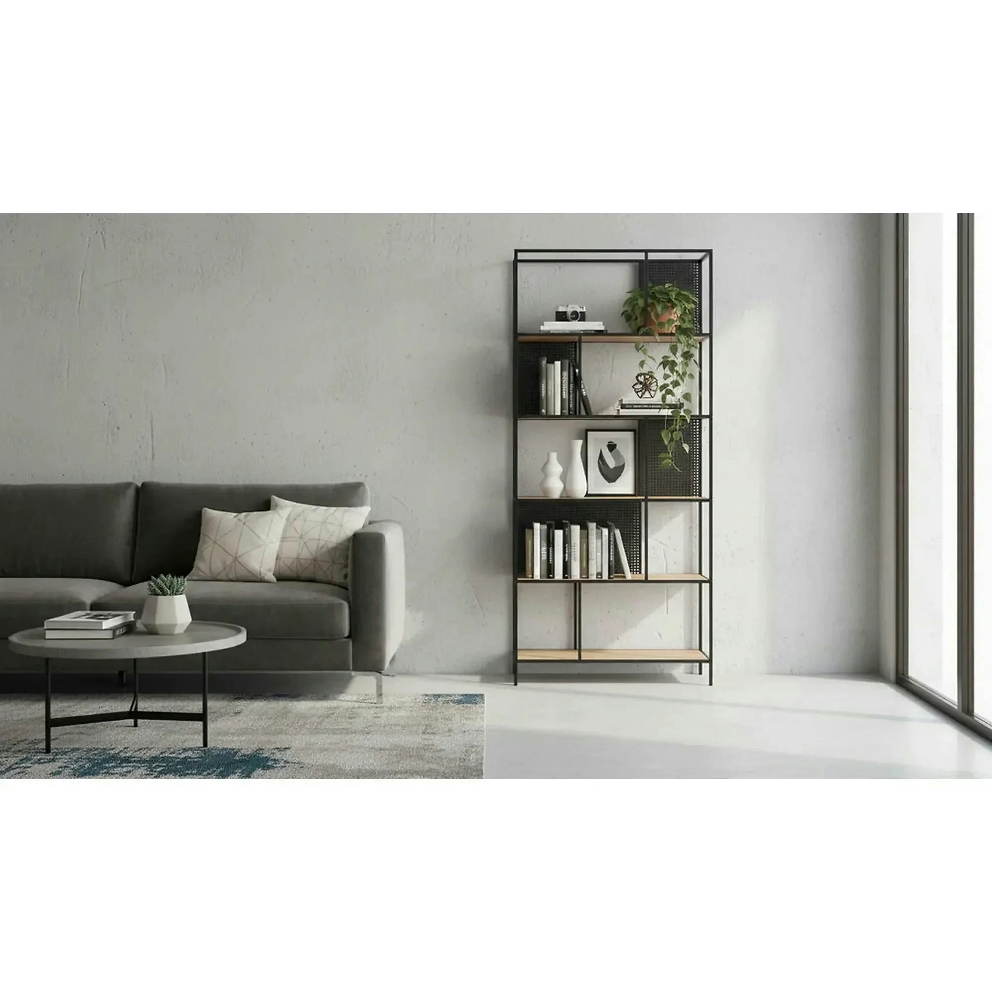 Biblioteca LEON, negru/stejar, 76x33x180 cm
