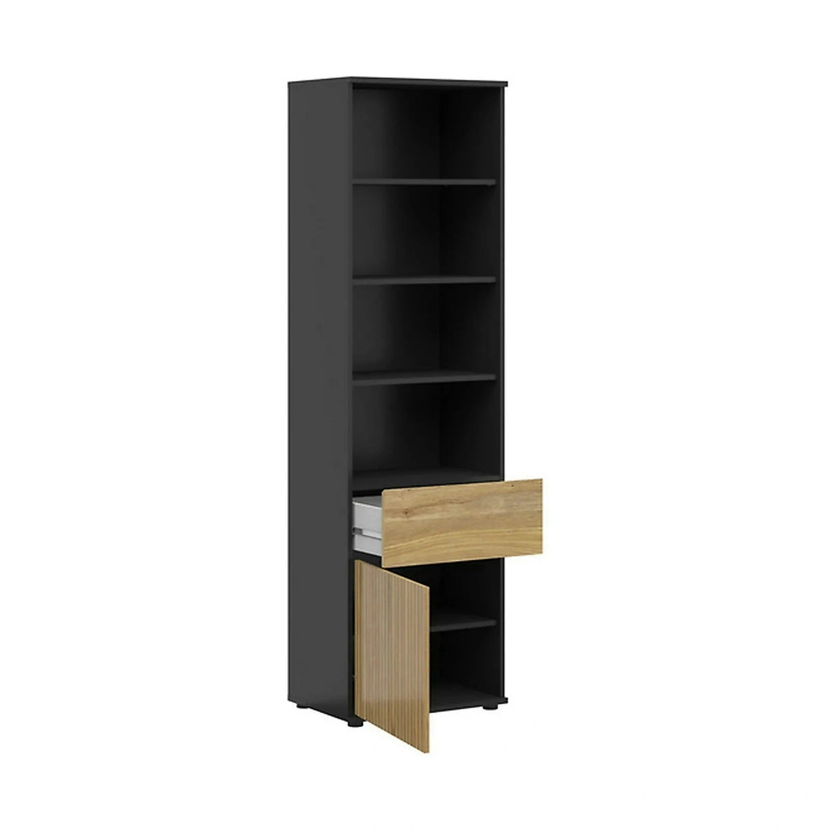 Biblioteca LUEN, stejar/negru, PAL laminat, 57x40x196 cm