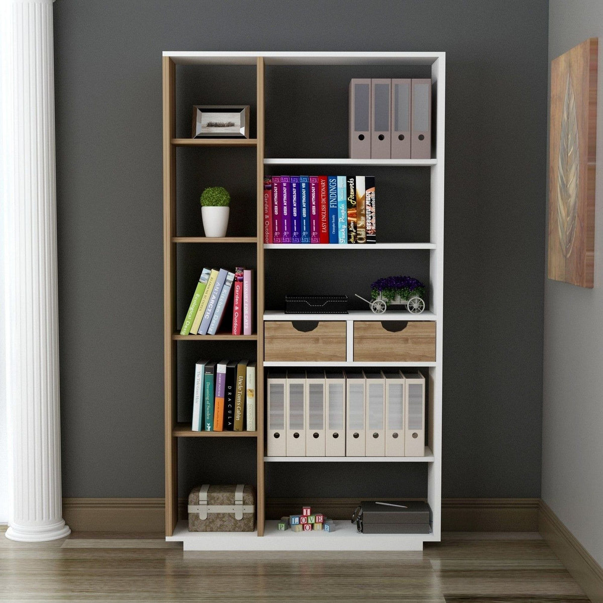 Biblioteca LUMA, stejar/alb, PAL melaminat, 80x25x189 cm