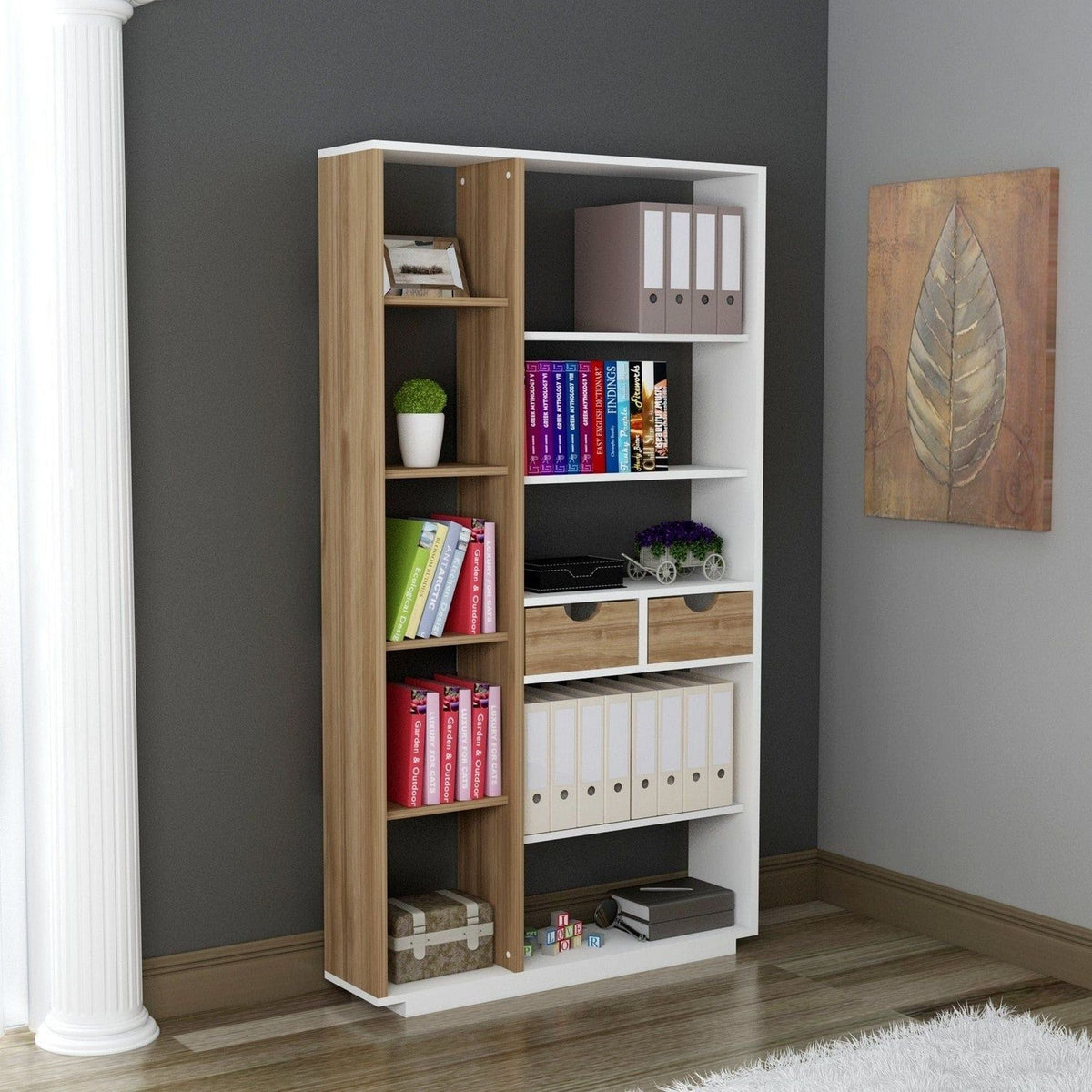 Biblioteca LUMA, stejar/alb, PAL melaminat, 80x25x189 cm