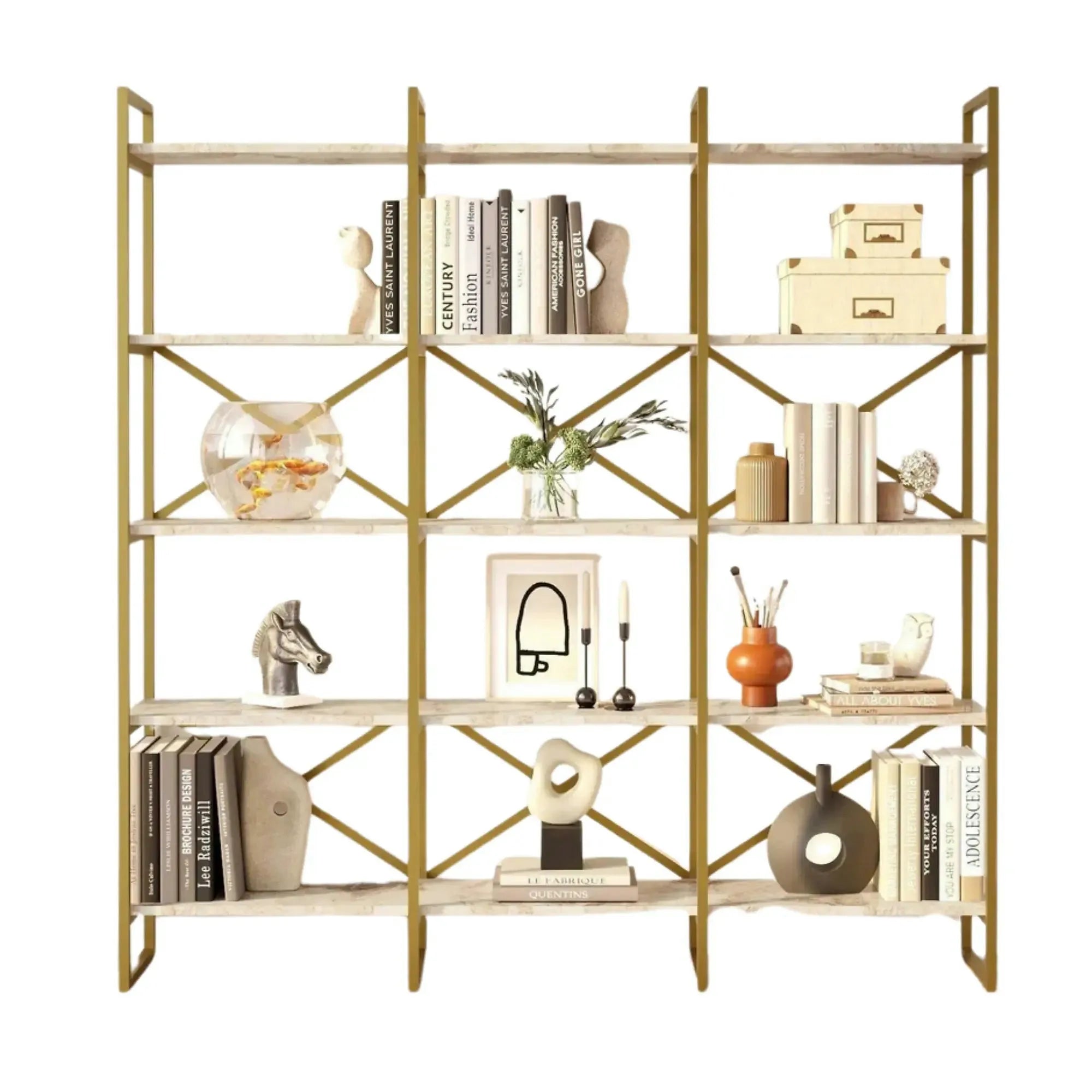 Biblioteca mare VG6-GE, alb cu efect de marmura/auriu,  PAL melaminat, 170x30x175 cm
