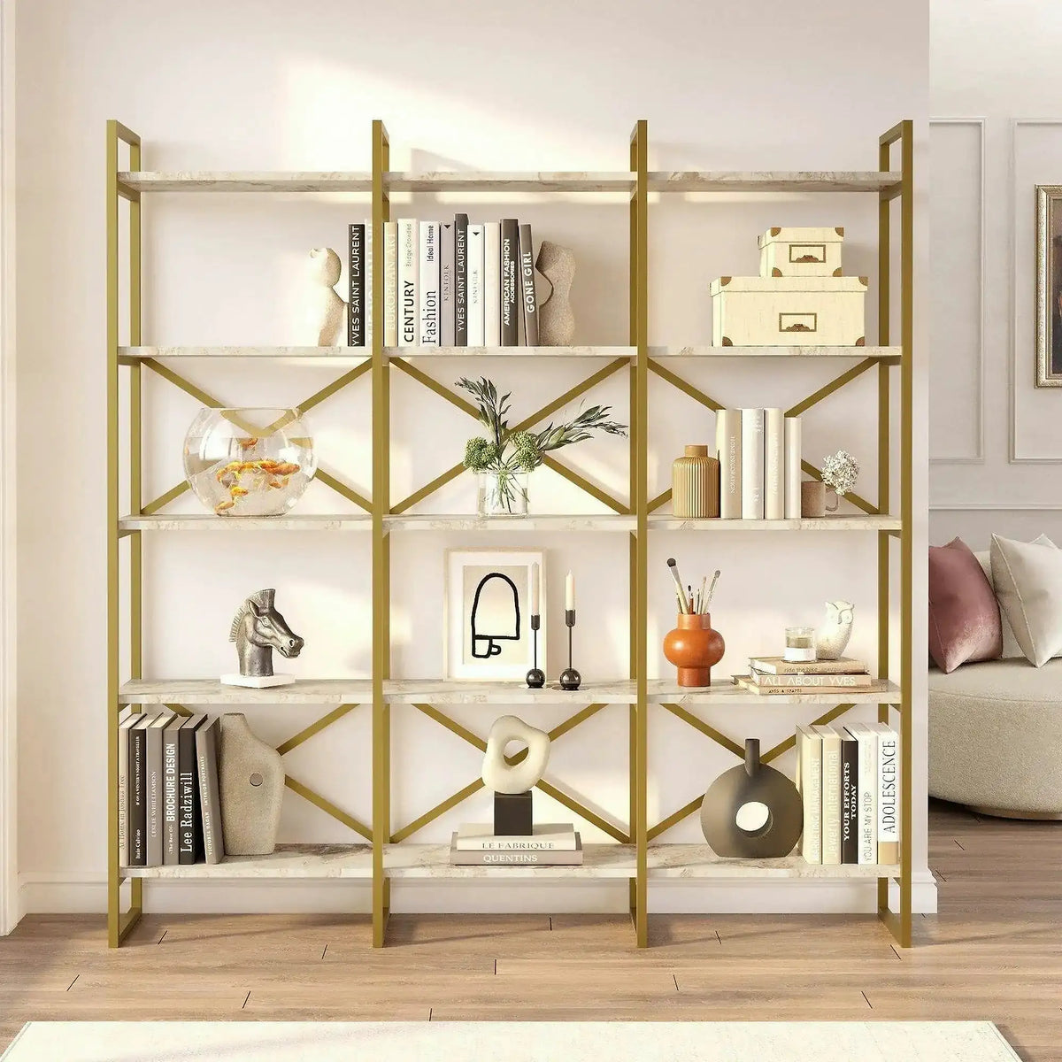 Biblioteca mare VG6-GE, alb cu efect de marmura/auriu,  PAL melaminat, 170x30x175 cm