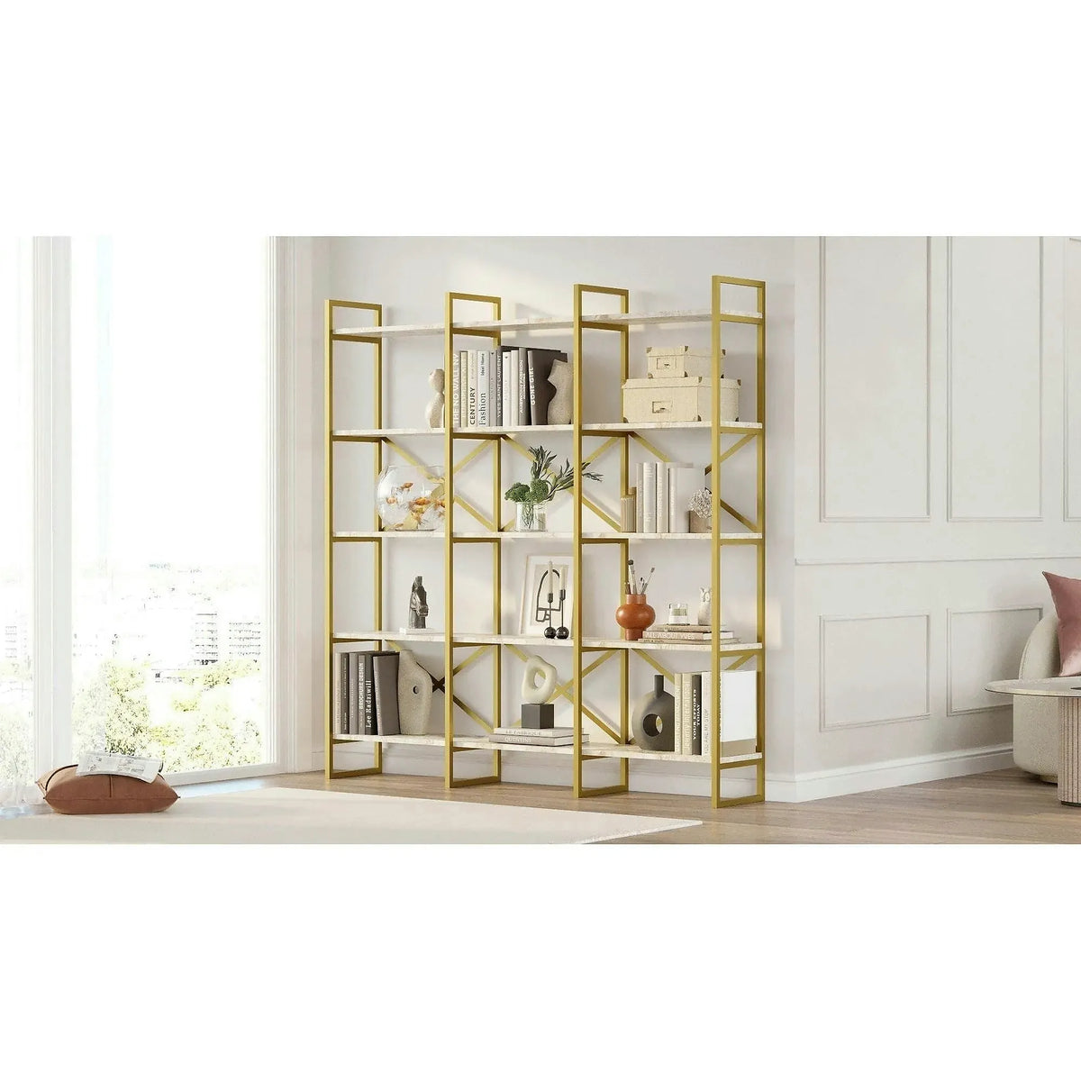 Biblioteca mare VG6-GE, alb cu efect de marmura/auriu,  PAL melaminat, 170x30x175 cm