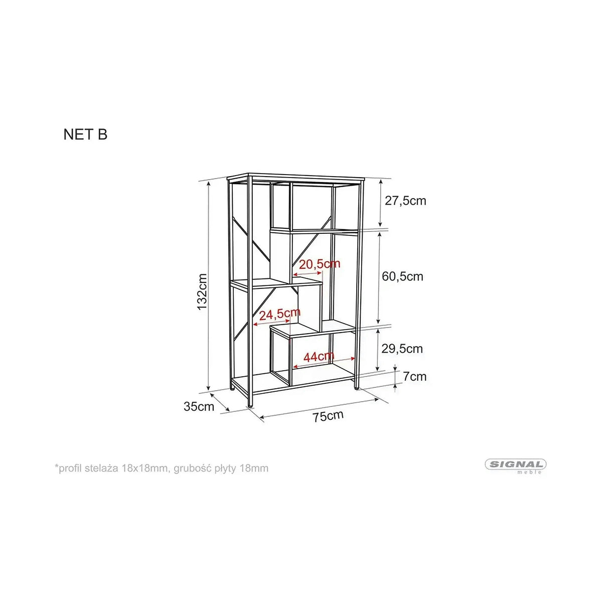 Biblioteca NET B, nuc inchis/negru, PAL laminat/metal, 75x35x132 cm